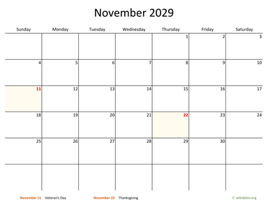 November 2029 Calendar with Bigger boxes