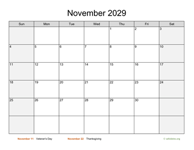 November 2029 Calendar with Weekend Shaded