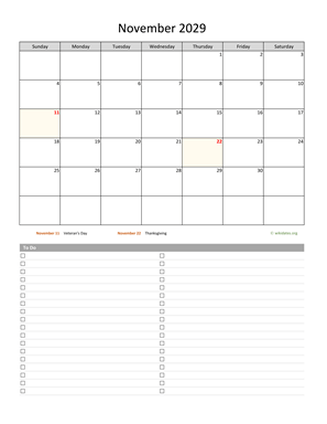 November 2029 Calendar with To-Do List