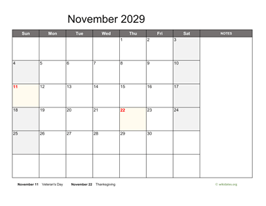 November 2029 Calendar with Notes