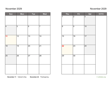 November 2029 Calendar on two pages