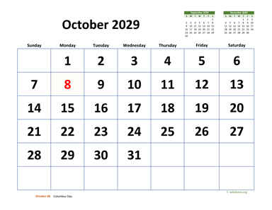 October 2029 Calendar with Extra-large Dates