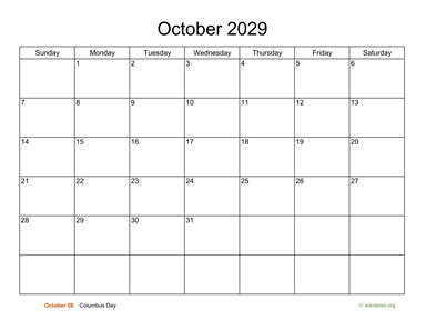 Basic Calendar for October 2029