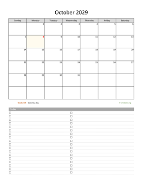 October 2029 Calendar with To-Do List