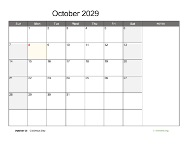 October 2029 Calendar with Notes