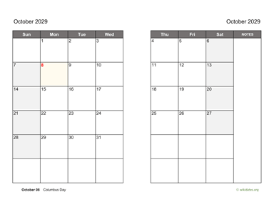 October 2029 Calendar on two pages