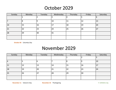 October and November 2029 Calendar Horizontal