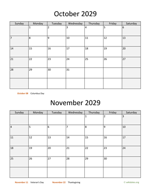 October and November 2029 Calendar Vertical