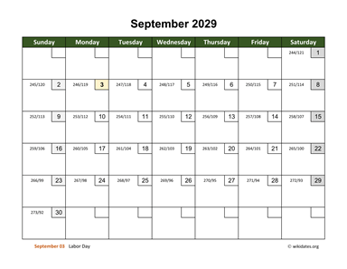 September 2029 Calendar with Day Numbers