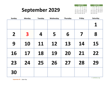 September 2029 Calendar with Extra-large Dates