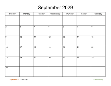 Basic Calendar for September 2029