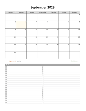 September 2029 Calendar with To-Do List