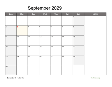 September 2029 Calendar with Notes