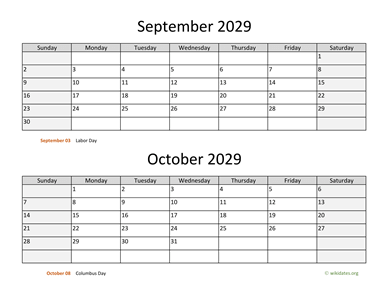 September and October 2029 Calendar Horizontal