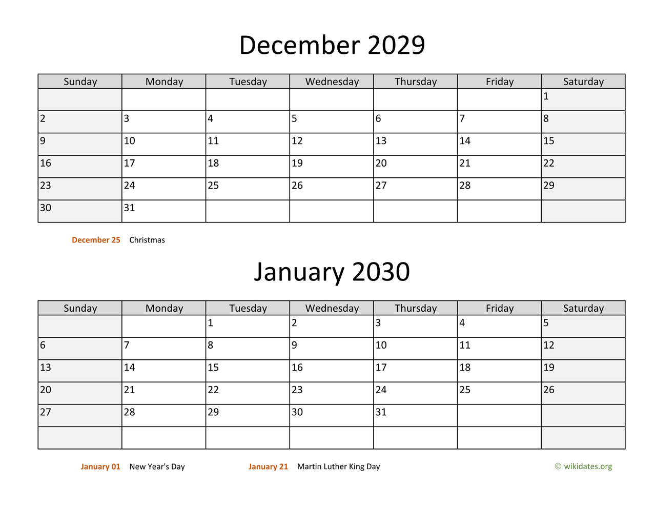 December 2029 and January 2030 Calendar