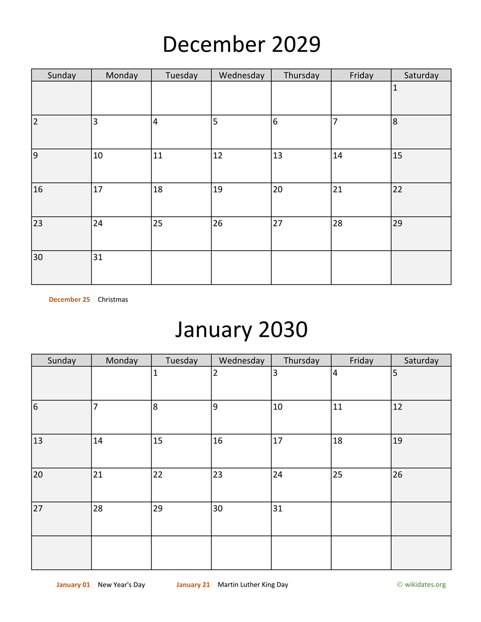 December 2029 and January 2030 Calendar