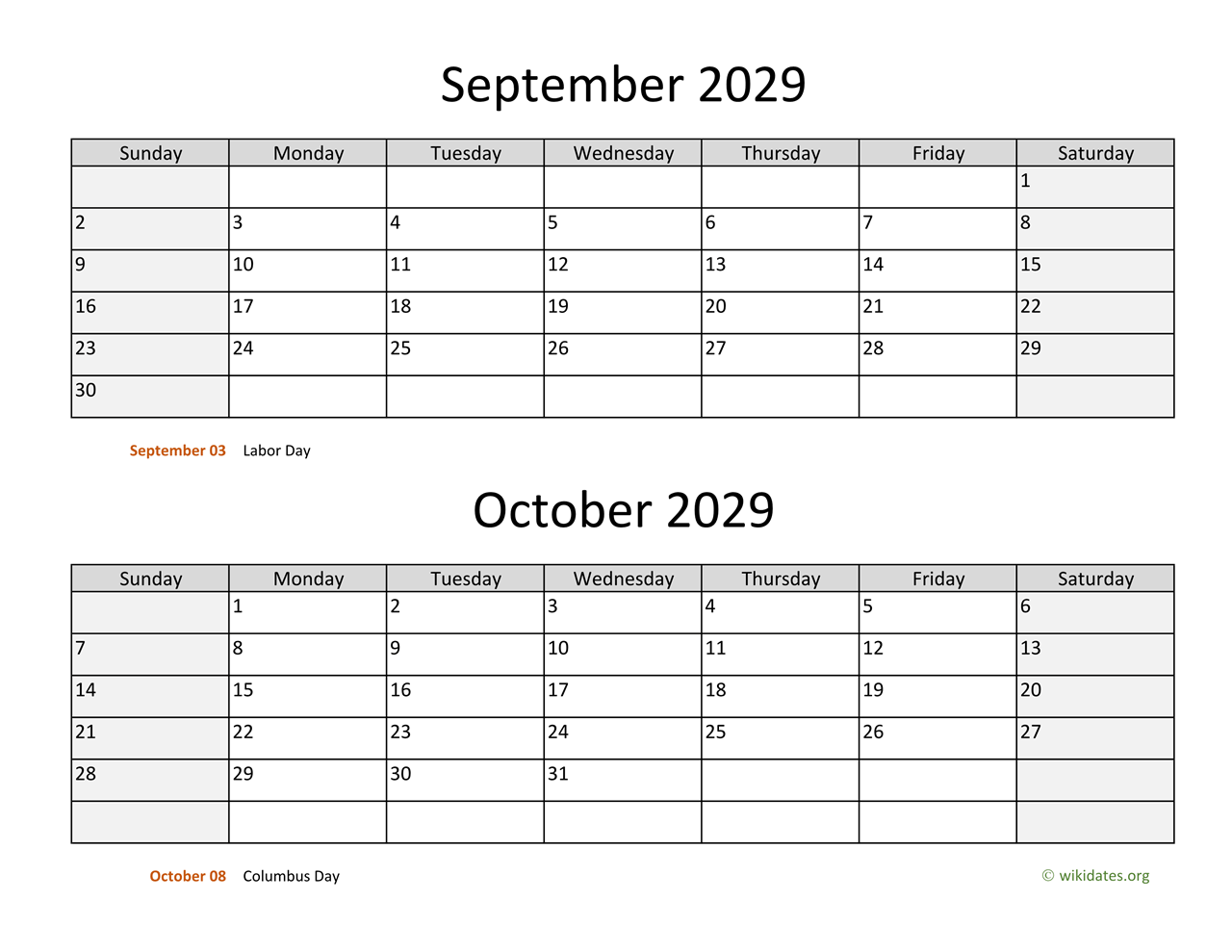 September And October 2029 Calendar WikiDates