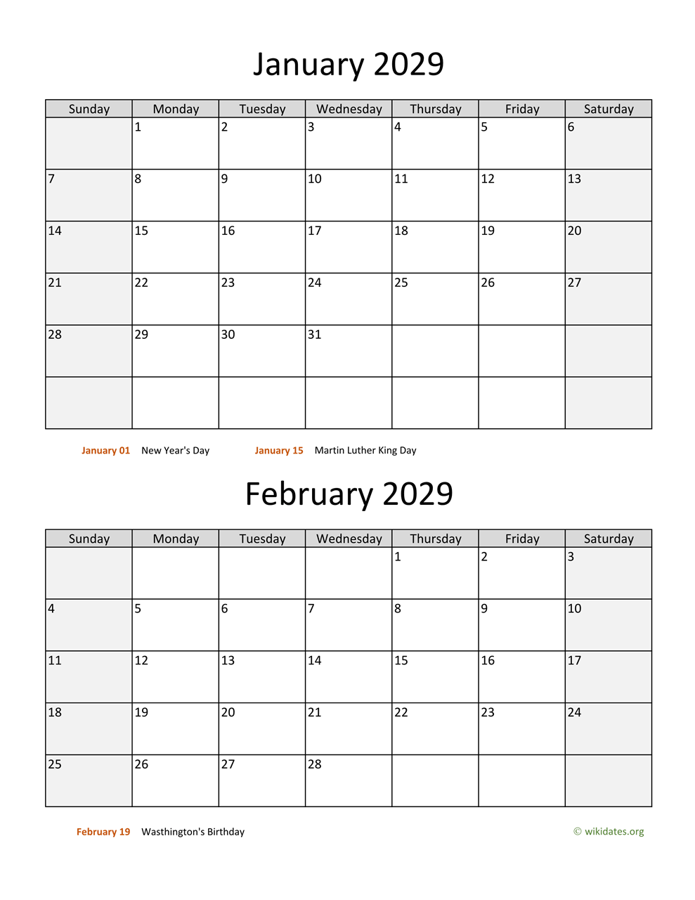 Printable BiMonthly 2029 Calendar