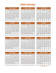 Full Year 2030 Calendar on one page