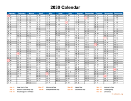 2030 Calendar Horizontal, One Page
