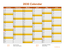 2030 Calendar on 2 Pages, Landscape Orientation