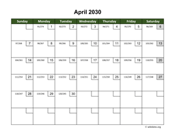 April 2030 Calendar with Day Numbers