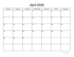 Basic Calendar for April 2030