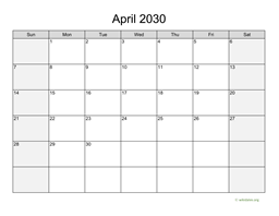 April 2030 Calendar with Weekend Shaded