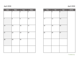 April 2030 Calendar on two pages