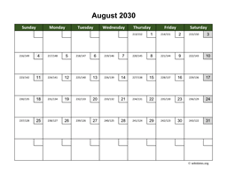 August 2030 Calendar with Day Numbers