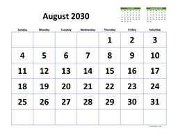 August 2030 Calendar with Extra-large Dates