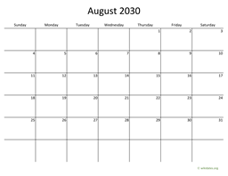 August 2030 Calendar with Bigger boxes