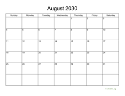 Basic Calendar for August 2030