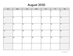 August 2030 Calendar with Weekend Shaded
