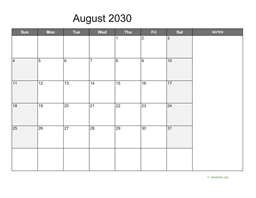 August 2030 Calendar with Notes