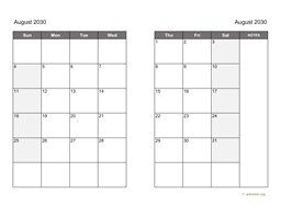 August 2030 Calendar on two pages