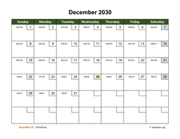 December 2030 Calendar with Day Numbers