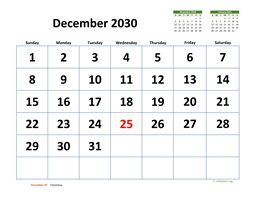 December 2030 Calendar with Extra-large Dates