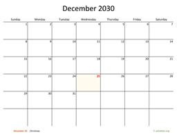 December 2030 Calendar with Bigger boxes