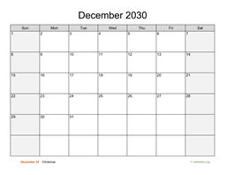 December 2030 Calendar with Weekend Shaded