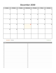 December 2030 Calendar with To-Do List