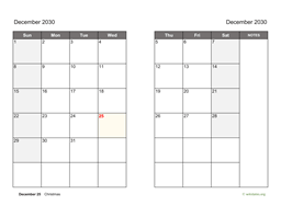 December 2030 Calendar on two pages