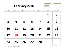 February 2030 Calendar with Extra-large Dates