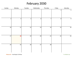 February 2030 Calendar with Bigger boxes