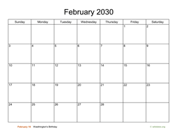 Basic Calendar for February 2030