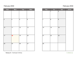 February 2030 Calendar on two pages