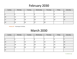 February and March 2030 Calendar