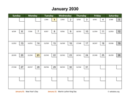 January 2030 Calendar with Day Numbers