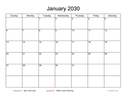 Basic Calendar for January 2030