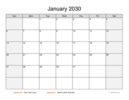 January 2030 Calendar with Weekend Shaded
